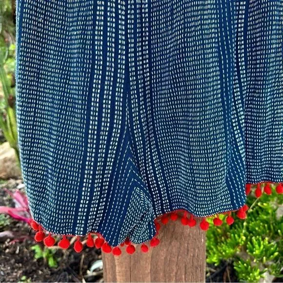 ANTHRO blue romper off the shoulder with embroidery red pompoms sz Large - Picture 6 of 13